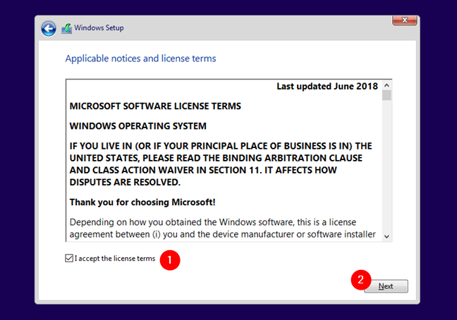 Accept the license terms and click on "next"