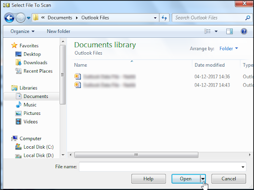 Hover the cursor on the .pst file